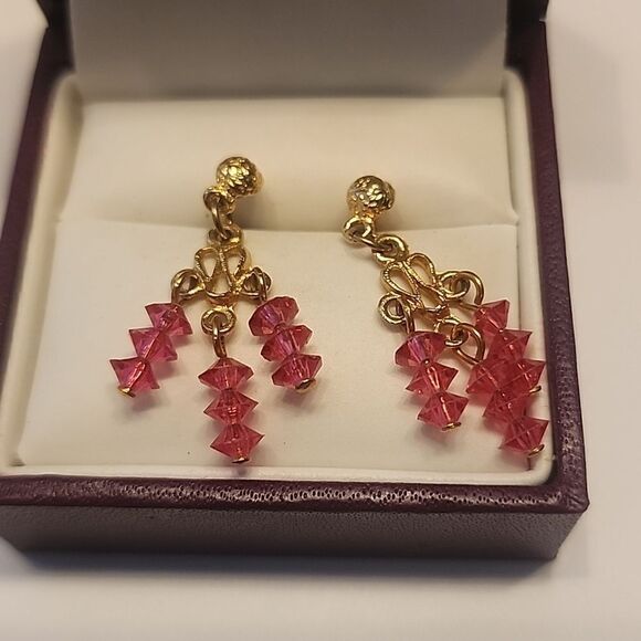 Gold Tone Dangle Drop Pink Crystal Earrings - Picture 1 of 4